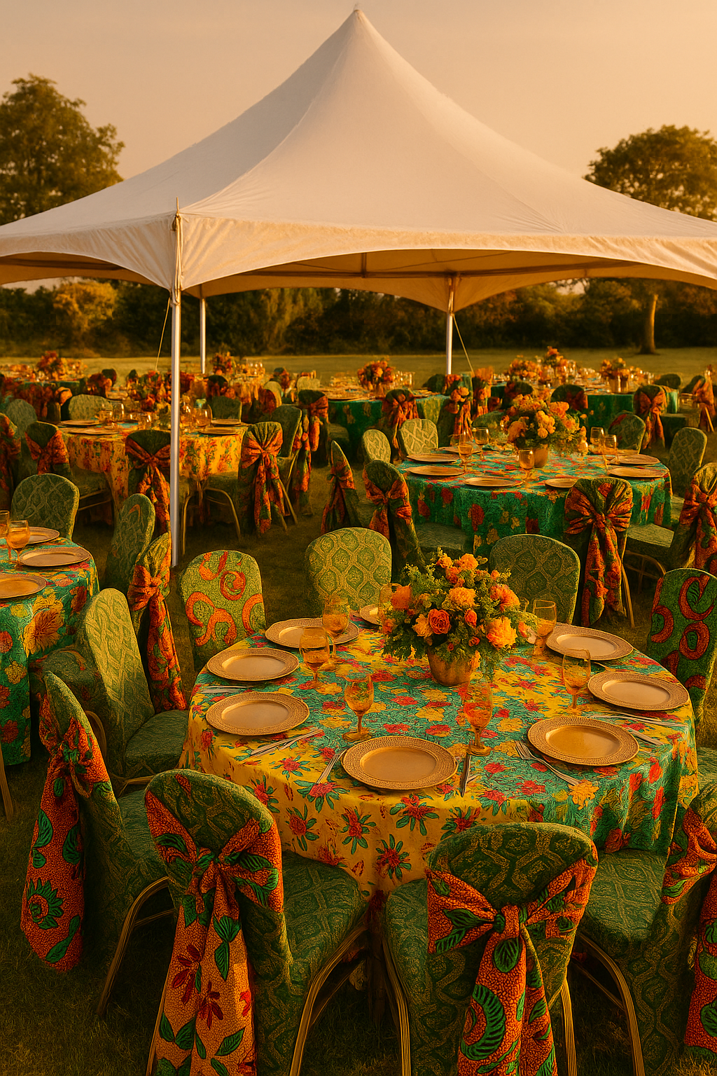 A beautiful Nigerian celebration setup: canopy with decorated chairs and tables ready for guests